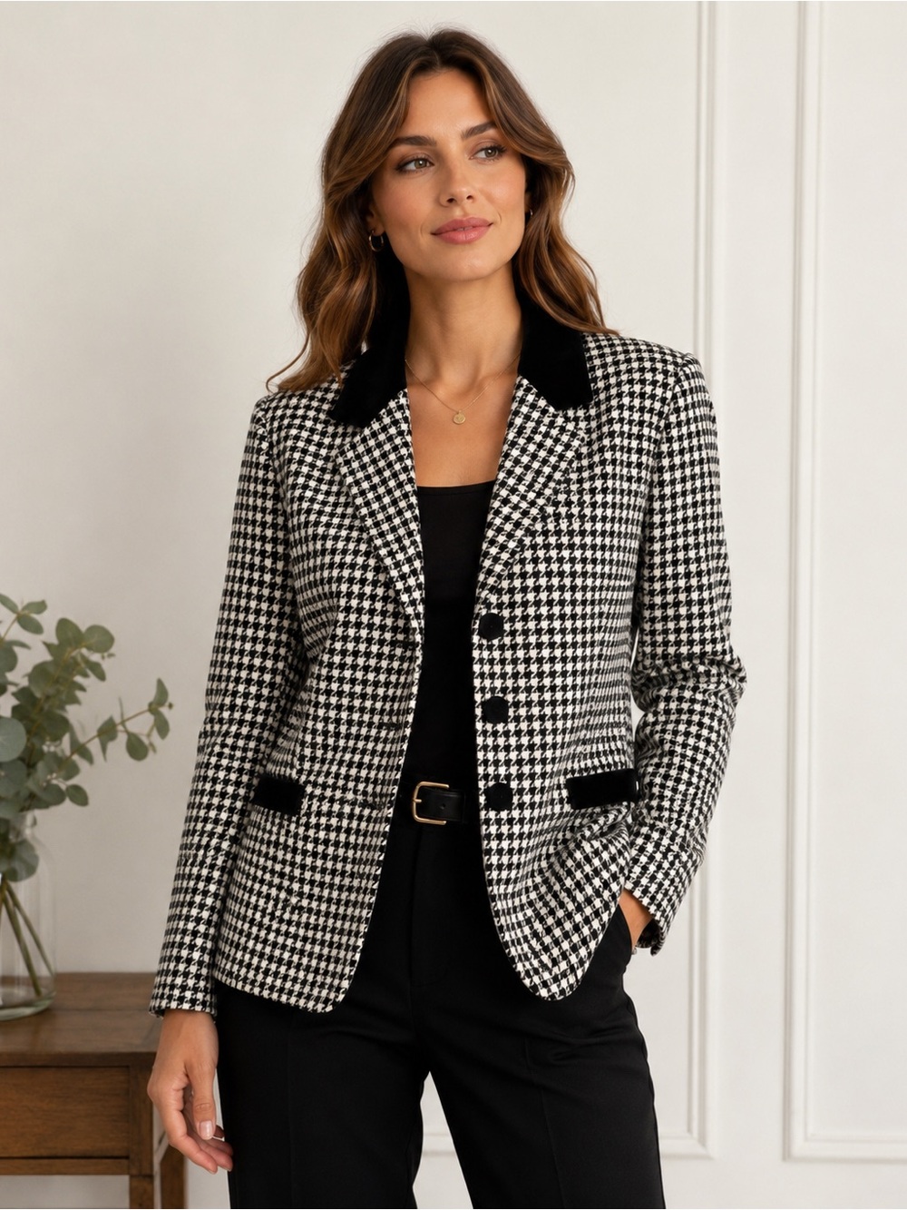 Vintage Hastings & Smith Houndstooth Blazer Jacket Black White Velvet Collar 14